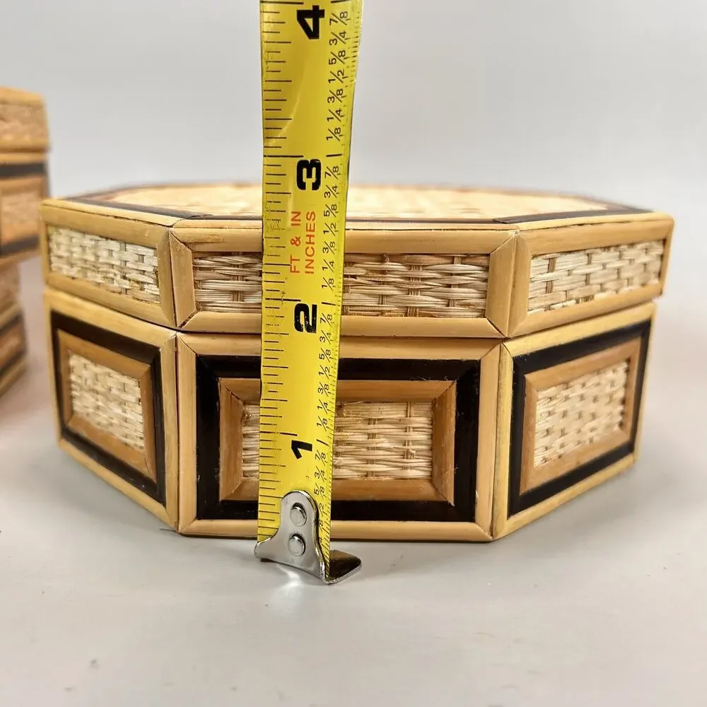 Vintage Bamboo Wicker Hexagon 3 Nesting Jewelry Trinket Boxes- EUC